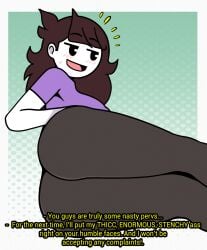 :d ass bangs black_eyes black_hair black_pants blush border brown_hair clothing colored_skin english_language english_text female female female_only green_background high_resolution huge_ass jaiden jaiden_(jaiden_animations) jaiden_animations large_ass long_hair lying on_side open-mouth_smile open_mouth pants purple_shirt shirt short_sleeves smile solo steca sweatdrop text thelazyart thick_thighs thighs tight tight_pants youtube youtuber