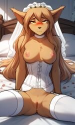 2024 ai_generated anthro basitin blush breasts bridal_veil bride corset embarrassed embarrassed_female embarrassed_nude_female enf female female_only furry looking_at_viewer madelyn_adelaide mammal mostly_nude nipples pussy sitting solo solo_female spread_legs spreading tagme twokinds yanyanyanyanya