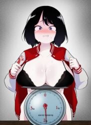 absurdres black_bra black_hair blue_eyes blush bra breasts collarbone dot_nose female film_grain goldpixie gradient_background grey_background highres jacket large_breasts long_sleeves looking_at_viewer manhwa medium_hair no_panties open_clothes open_jacket open_mouth sanpaku simple_background solo straight-on sweat translation_request underwear upper_body webtoon weighing_breasts weighing_scale