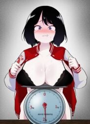 absurdres big_breasts black_bra black_hair blue_eyes blush bra breast_weights breasts collarbone dot_nose female film_grain goldpixie gradient_background grey_background highres jacket large_breasts long_sleeves looking_at_viewer manhwa measurements measuring medium_hair no_panties open_clothes open_jacket open_mouth sanpaku simple_background solo straight-on sweat translation_request underwear upper_body webtoon weighing_breasts weighing_machine weighing_scale