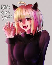 aj_kuzunoha(artist) alternative_costume animal_ears arcueid_brunestud big_breasts birthday_art blonde_hair blush breasts breasts_bigger_than_head cat_ears costume english_text huge_breasts kagetsu_tohya large_breasts leotard melty_blood monster_cat(kagetsu_tohya) oerba_yun_fang pantyhose paw_pose red_eyes short_hair smile solo text top_heavy tsukihime type-moon vampire vampire_girl