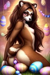 1girls ai_generated anal_beads anthro breasts brown_hair easter egg female ferret naked naughty_ferrets on pussy sitting_on_chair