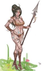 breasts female female_focus female_only girl league_of_legends nidalee riot_games samiri simple_background simple_coloring simple_shading solo solo_female solo_focus spear tribal_paint