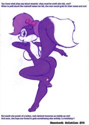 accessory advertisement ass big_tail bow_ribbon breasts fifi_la_fume fur hair hair_accessory hair_ribbon hairbow mammal mephitid nanobots norithics nude purple_body purple_fur raised_leg ribbons seth65_(character) short_hair side_boob skunk tail tiny_toon_adventures warner_brothers