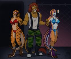 1boy 2girls anthro anthrosaurs arms_behind_back bikini blue_bikini dinosaur dinosaur_girl drawn eyepatch furry lion_boy maledom original original_character red_bikini scalie shackles sharpfury skdaffle swimsuit taped_mouth