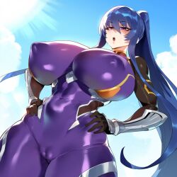 1girls ai_generated akiyama_rinko blue_hair blush bodysuit breasts busty cameltoe covered_navel covered_nipples depressu gloves huge_breasts large_nipples long_hair looking_at_viewer open_mouth ponytail shiny_clothes solo taimanin_(series) thighs very_long_hair wide_hips