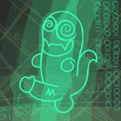 ambiguous_gender genitals geometry_dash ghost green_body green_line_art male penis presenting presenting_penis simple_background solo spiral_eyes spirit trail weird