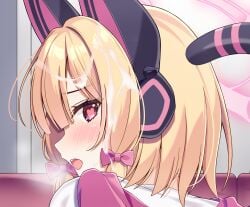 animal_ears blonde_hair blue_archive blush bow cum facial fake_animal_ears female fengshen_chino hairbow halo headphones heart highres looking_at_viewer medium_hair momoi_(blue_archive) open_mouth pink_bow pink_halo red_eyes solo tail