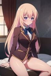 1girls ai_generated blonde_hair blush bottomless classroom_of_the_elite closed_mouth female female_focus female_only highres ichinose_honami_(cote) long_hair nekom14 no_panties purple_eyes pussy school_uniform uncensored youkoso_jitsuryoku_shijou_shugi_no_kyoushitsu_e