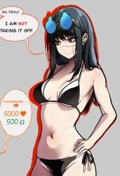 1girls 2024 ai_assisted ai_generated bikini black_hair black_swimsuit breasts chainsaw_man color cute dialogue english_text female_only glasses hand_on_hip light-skinned_female long_hair mentioned_character no_sex orange_eyes redpostit scar scar_on_face strip_game swimsuit yoru_(chainsaw_man)