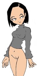 black_hair bottomless code_lyoko female female_only human pale_skin pointy_chin pussy retal4 short_hair solo standing tagme white_background yumi_ishiyama