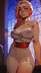 1girls ai_assisted blue_eyes braid cheongsam chinese_clothes cleavage curvaceous female female_only freckles hourglass_figure large_breast no_bra no_panties qipao red_hair seductive see-through sibeal sibeal_anisley solo standing transparent_clothing white_dress wide_hips