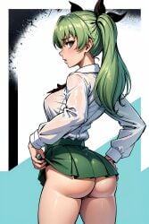 ai_generated anchovy ass bubble_butt emotionless girls_und_panzer indifferent looking_back no_panties raising_shirt school_uniform short_skirt skirt unaware