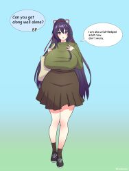 1girls ass big_breasts breasts clothed date_a_live female_only light-skinned_female long_hair purple_eyes purple_hair shirt skirt talking text text_bubble yatogami_tohka