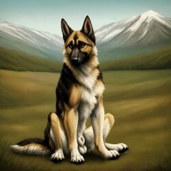 absurd_res ai_generated amber_eyes anatomically_correct anatomically_correct_genitalia balls black_body black_claws black_fur black_nose blp canid canine canis cheek_tuft claws day domestic_dog ears_up facial_tuft feral forest fur genitals german_shepherd glistening glistening_eyes herding_dog hi_res inner_ear_fluff looking_at_viewer male mammal mountains mouth_closed multicolored_body multicolored_fur outside pastoral_dog paws penis penis_tip plant sitting slim solo tan_body tan_fur three-quarter_view tree tuft whisker_spots white_balls white_body white_fur white_sheath