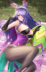 1girls alternate_costume animal_ears black_gloves blush breasts brown_pantyhose bunny_ears bunny_girl bunnysuit camilla_(fire_emblem) camilla_(spring)_(fire_emblem) cleavage commentary doiparuni easter_egg egg elbow_gloves english_commentary fake_animal_ears female female female_only fire_emblem fire_emblem_fates fire_emblem_heroes flower gloves grass hair_over_one_eye highres large_breasts leotard looking_at_viewer nintendo official_alternate_costume one_eye_covered pantyhose playboy_bunny purple_eyes purple_hair purple_leotard rabbit_ears smile solo strapless strapless_leotard thighs white_flower