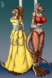 2girls anthro anthrosaurs belly_dancer_outfit bondage bound bound_ankles bound_arms brown_hair dakuroihoshi dinosaur dinosaur_girl dress scalie taped_mouth