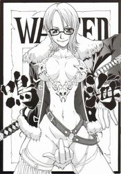 1girls big_breasts breasts english_text female female_only flipping_viewer_off glasses japanese_text looking_at_viewer matou middle_finger monochrome nami nami_(one_piece) narrow_waist one_piece pre-timeskip skull_necklace solo solo_female text thin_waist wanted_poster