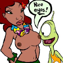 ! alien areolae big_lips black_eyes breasts brown_hair cyclops dark-skinned_female dark_skin dialogue duo english_text female flower green_eyes green_skin hair_flower hands_on_hips human large_breasts lei lilo_and_stitch long_hair male multi_tongue navel nipples pleakley speech_bubble staring_at_breasts straight tank_top text tongue topless white_background