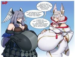 2girls alternate_version_at_source alternate_version_available bellies_touching big_breasts black_dress blush breasts brown_eyes catgirl dialogue disproportional double_pregnancy female gray_hair hand_on_belly hand_on_hip holding_belly hyper_belly hyper_pregnancy large_breasts melia_antiqua monolith_soft multiple_pregnancies nia_(xenoblade) nintendo pregnant pregnant_belly_to_pregnant_belly ready_to_pop tsukiji white_dress white_hair wings_on_head xenoblade_(series)
