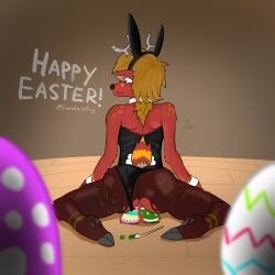 1:1 1boy 2024 anthro antlers ass back_tuft balls bell_pepper_(pepsters) big_balls blonde_hair bodypaint brush bunny_costume clothed clothing colored costume crossdressing deer digital_drawing_(artwork) digital_media_(artwork) easter easter_balls easter_egg english_text fake_ears fake_rabbit_ears full-length_portrait fur fur_pattern gay genitals hair hi_res holidays hooves horn kneeling legwear male male_only mammal paint paintbrush painted_balls partial_nudity pepsters portrait pose rear_view red_body red_fur shaded signature solo solo_futa tail text tights torn_clothing tuft yaoi