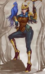 armor arms_up bird breasts female female_focus female_only girl heels high_heel_boots high_heels league_of_legends quinn riot_games samiri simple_background solo solo_female solo_focus thighs valor_(league_of_legends)