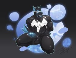 2025 abs animal-shaped_markings anthro arachnid-shaped_markings arthropod-shaped_markings balls barazoku black_body black_bodysuit black_clothing black_fur black_skinsuit blindfold blue_body blue_fur blue_glans bodysuit canid canine canis clothing erection facial_hair facial_markings fur genitals glans goatee hands_behind_back head_markings hi_res huangpeng_04 kneeling male mammal markings marvel muscular muscular_anthro muscular_male pecs penis re_baiz_(character) signature skinsuit solo symbiote tight_clothing venom_(marvel) wolf
