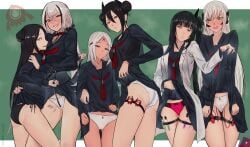 6+girls agent_(girls'_frontline) anger_vein architect_(girls'_frontline) ass black_dress black_hair black_panties black_serafuku black_skirt blush breasts brown_eyes closed_mouth clothes_lift commentary_request dark-skinned_female dark_skin double_bun dreamer_(girls'_frontline) dress elisa_(girls'_frontline) facial_mark forehead_mark gager_(girls'_frontline) gaia_(girls'_frontline) girls'_frontline goliath_(girls'_frontline) grey_hair hair_between_eyes hair_bun hair_ornament headgear height_difference highres lab_coat large_breasts long_hair long_sleeves looking_at_viewer low_twintails mizukamakiri multicolored_hair multiple_girls non-humanoid_robot official_alternate_costume open_mouth panties pink_eyes pussy_juice pussy_juice_drip_through_clothes red_panties robot sangvis_ferri school_uniform serafuku sex_toy side_ponytail skirt skirt_lift smile streaked_hair test_tube twintails underwear very_long_hair vibrator vibrator_in_thigh_strap vibrator_under_clothes vibrator_under_panties white_hair white_panties yellow_eyes