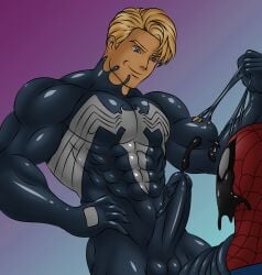 2boys absorption absurd_res body_takeover bodysuit bukkake cumshot deimon21 eddie_brock gay latex male male_only marvel rubber spider-man symbiote unusual_cum venom_(marvel)