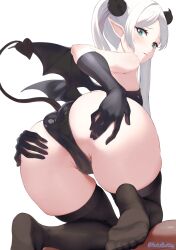 1girls ass elf elf_ears elf_female female female_only frieren grabbing_ass grabbing_own_ass green_eyes looking_at_viewer looking_back nutsbutty solo sousou_no_frieren stockings succubus succubus_costume thighhighs thighs white_background white_hair