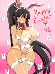 2024 black_hair blue_eyes breasts bunny_ears bunny_girl bunnysuit busty easter easter_bunny gigantic_breasts homura_(senran_kagura) huge_breasts marvelous senran_kagura soulkibble thick_thighs thighs trading_card yu-gi-oh!_card