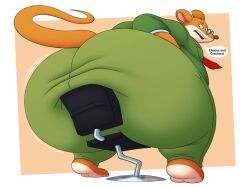 1boy anthro ass belly broken_chair chair english_text fat furry geronimo_stilton geronimo_stilton_(series) glasses hips hyper hyper_ass large_ass looking_back male male_focus male_only mouse overweight overweight_male property_damage rodent rodent_humanoid stomach text thick_thighs thighs tie vetoknox weight_gain wide_hips