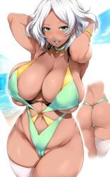 1girls ass big_breasts bikini blue_eyes breasts dark_skinned_female female gundam gundam_suisei_no_majo lollipop secelia_dote short_hair thick_thighs tsukasawa_takamatsu white_hair