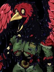 ambiguous_gender anthro avian black_slime bone clothing creepy_face creepy_smile detached_limb gore guts hi_res internal_organs intestines looking_at_viewer lung military_uniform nightmare_fuel oily organs pandottermon scary slime smile solo terrifying uniform wings yellow_eyes