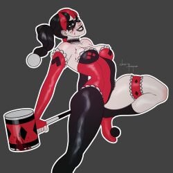 1girls artist_name batman_(series) black_hair blood blood_on_face blood_splatter busty cleavage dc dc_comics eye_mask female female_only harleen_quinzel harley_quinn jester_outfit mallet mask multicolored_hair pale-skinned_female pale_skin pope_of_dairy red_hair skin_tight smiling solo thick_thighs thigh_strap thighs white_skin