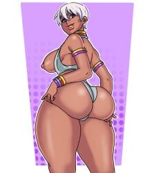 1girls 2023 areolae ass astraph breasts breasts_out capcom dark-skinned_female dark_skin elena_(street_fighter) female female_only looking_at_viewer looking_back looking_back_at_viewer nipples smiling smiling_at_viewer solo street_fighter street_fighter_iii thick_ass thick_thighs white_hair