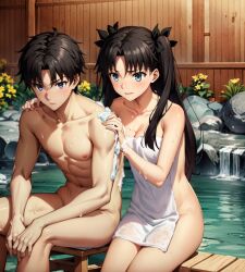 1boy 1girls ai_generated fate/stay_night fate_(series) female hot_spring hot_springs human kneeling male nude nude_male onsen sitting sitting_on_stool soap_bubbles tohsaka_rin towel towel_only towel_wrap washing_back