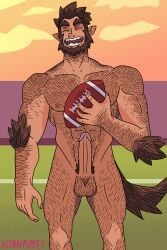 astraypuppet balls bara beard body_hair boner closed_eyes erection facial_hair football male male_only monster_prom muscles muscular nude penis scott_howl solo solo_male tail werewolf wolf_tail