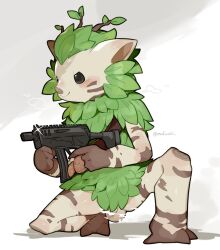 1boy 2024 balls blush bushranger_(fortnite) epic_games fortnite front_view furry genitals gun holding_gun holding_object holding_ranged_weapon holding_weapon humanoid_genitalia humanoid_penis leaf male male_only mofuaki penis pinecone ranged_weapon simple_background smile solo spread_legs spreading weapon white_background