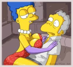 1boy 1girls blue_hair breasts clothed female indoors jessica_rabbit_(cosplay) male marge_simpson moe_szyslak necklace netorare pearl_necklace red_dress seductive tagme the_simpsons trzaraki yellow_skin