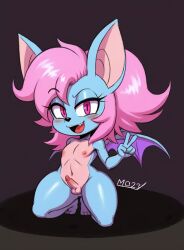 absurd_res ai_generated anthro bat blue_body digital_media_(artwork) digital_painting_(artwork) erection femboy genitals gesture hair happy hi_res kneeling looking_at_viewer male mammal manolocp nipples okami23_(artist) open_mouth penis pink_chest pink_eyes pink_hair short_stack small_penis solo terry_bat v_sign