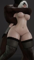 1girls 3d absurd_res alternate_version_available ass big_ass big_breasts cpt-flapjack dark-skinned_male female from_behind gloves interracial nier:_automata nier_(series) sex thick_thighs white_hair yorha_2b