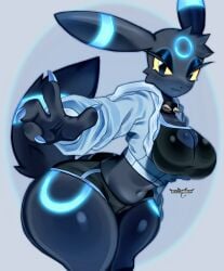 1girls 4_toes blush female female_only generation_2_pokemon jacket looking_at_viewer minishorts narrowed_eyes nintendo pokémon_(species) pokemon pokemorph smiling smiling_at_viewer solo spiked_collar succumbeon thick_thighs umbreon yellow_eyes