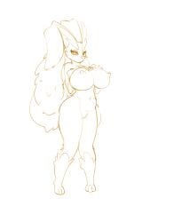 anthro areola big_breasts breasts cheek_tuft eyebrows female fur generation_4_pokemon lagomorph leporid long_ears lopunny mammal monochrome navel nintendo nipples pokemon pokemon_(species) solo sugarlesspaints tuft