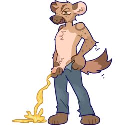 alpha_channel anthro bodily_fluids bottomwear bottomwear_down clothed clothing genital_fluids genitals guncht humanoid_genitalia humanoid_penis hyena male mammal pants pants_down partially_clothed peeing penis simple_background solo spotted_hyena telegram_sticker transparent_background urine urine_stream