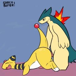 ampharos anal anal_sex animated anthro ass ass_up balls bodily_fluids bouncing_butt butt_grab cum duo generation_2_pokemon genital_fluids genitals hand_on_butt loop male male/male nintendo penetration penis pokemon pokemon_(species) sarcobutter sex short_playtime thrusting typhlosion