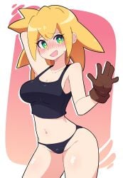 arm_behind_head armpits buzzlyears cowboy_shot crop_top embarrassed female full-face_blush gloves huge_thighs large_breasts mega_man mega_man_legends mega_man_x_dive nervous_smile one_arm_up panties roll_caskett thick_thighs waving wide_hips