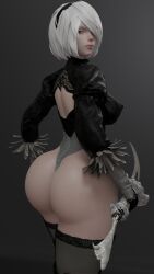 1girls 2021 3d absurd_res ass ass_focus big_ass big_breasts cpt-flapjack female female_only gloves leotard nier:_automata nier_(series) thick_thighs white_hair yorha_2b