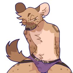 alpha_channel anthro blush bodily_fluids briefs clothing genital_fluids guncht hyena male mammal precum precum_through_clothing precum_through_underwear purple_briefs purple_clothing purple_underwear simple_background smile solo spotted_hyena telegram_sticker transparent_background underwear wet wet_clothing