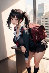 1girls ai_generated backpack bag bangs bent_over black_hair black_shirt black_skirt black_socks blue_eyes blush breast_rest breasts building cleavage collarbone day hand_on_own_knee hand_on_own_thigh indoors kneehighs large_breasts leaning_forward lips long_hair long_sleeves looking_at_viewer miniskirt neckerchief parted_lips pleated_skirt sailor_collar school school_uniform serafuku shirt shoes sidelocks skirt socks solo stable_diffusion standing thighs twintails window